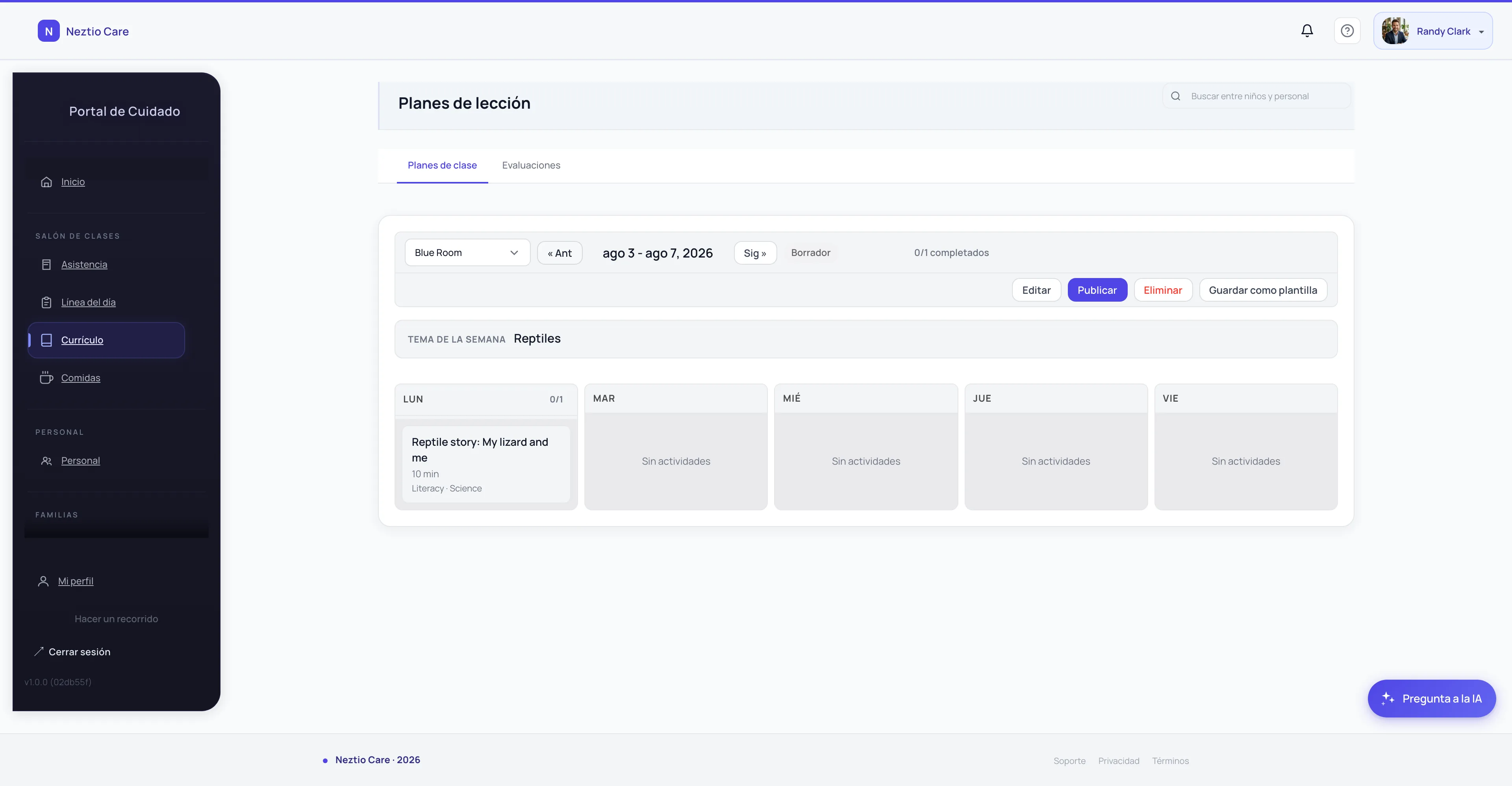 Lesson planning and daily schedule management in Neztio